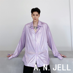 韩国版男装东大门21春权志龙风格发型师个性，亮面闪光宽松长袖衬衫