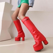 14厘米跟高白色红色靴子欧美性感，防水台粗跟高跟高筒靴女大码女靴