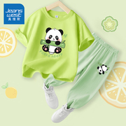 真维斯男童短袖套装2024男大童纯棉两件套熊猫，衣服儿童夏装潮