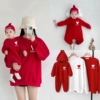 炸街亲子装红色过年卫衣一家三四口母子母女婴儿爬服连体家庭装