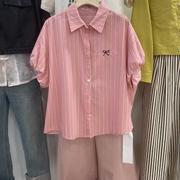2024夏蝴蝶结条纹短袖衬衫，女欧洲站，宽松气质甜美粉色小衫上衣