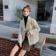 米白色韩系棉服外套女2023冬季小个子设计感牛角扣大翻领棉衣