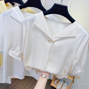 珍珠西装领短袖雪纺，衬衫女夏季气质，百搭宽松垂感白色衬衣上衣