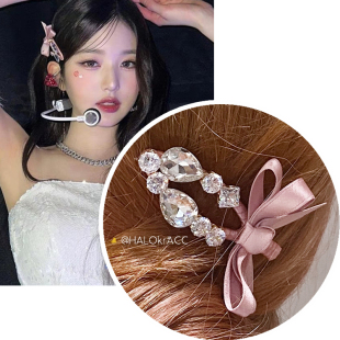 HALOkrACC韩国进口张元英同款大颗几何水晶粉丝带蝴蝶结少女发夹