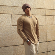 美式纯棉运动t恤男圆弧底修身型长袖卫衣，薄款健身服训练透气汗衫