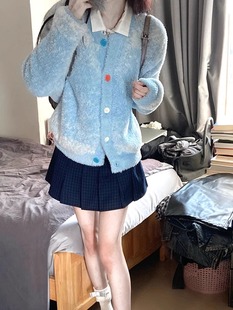 蓝色毛绒绒毛衣开衫女秋冬小众减龄温柔风百搭设计感独特别致外套