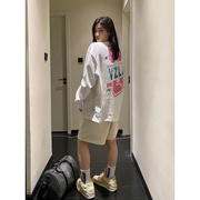 纯棉正肩长袖t恤女2023春夏季美式高街重磅体恤潮牌白色上衣
