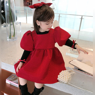 女童秋装连衣裙2023春秋，童装红色泡泡袖娃娃，裙儿童宝宝公主裙