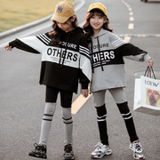 女童冬韩版连帽加厚加绒运动风卫衣打底休闲裤，中大童运动两件套装