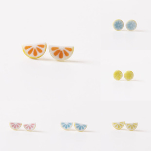 陶瓷耳钉女气质韩国个性，简约手绘水果柠檬耳饰，景德镇小饰品钛钢针