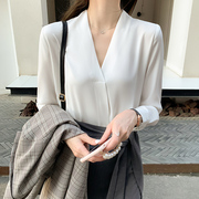 韩版春季通勤OL白色V领长袖气质显瘦女雪纺衬衫打底上衣shirt
