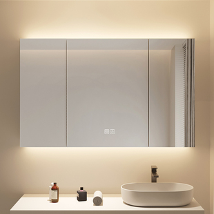 智能浴室镜柜单独挂墙式带灯除雾卫生间，梳妆镜子实木带置物架收纳