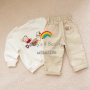 男女宝儿童套装奶白色甜甜圈小熊卡通图案卫衣卡其色牛仔长裤