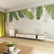 北欧清新壁纸热带植物，叶子砖墙电视背景，墙纸手绘水彩树叶8d壁画