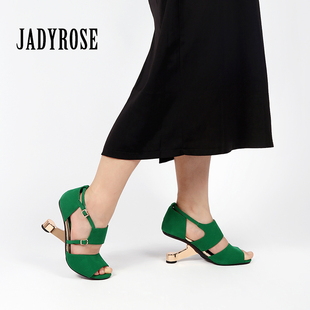 JadyRose夏季鱼嘴凉鞋女侧空性感女人金属异型跟粗跟高跟鞋美