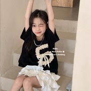 韩系气质设计感珍珠女童小香风，宽松短袖t恤蝙蝠衫上衣24年春夏
