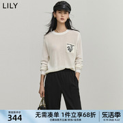 lily2024夏女装(夏女装)含绵羊毛设计感趣味，提花白色毛针织衫打底衫女