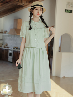 法式绿色套装连衣裙女2024夏季温柔风两件套长裙子森系小清新