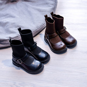儿童靴子女春秋单靴宝宝袜靴英伦风皮靴黑色，小童短靴女童马丁靴