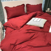 秋冬大红婚庆床上用品四件套纯色，磨毛加厚双人床单，床笠被罩三