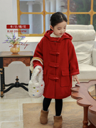 新年红色呢大衣女童夹棉牛角，扣22冬季儿童，连帽外套加厚上衣潮