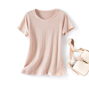 真丝亚麻短袖T恤女士夏季薄款半袖上衣丝麻纯色桑蚕丝圆领套头衫