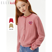 ellekids童装羊毛混纺花朵刺绣，圆领针织开衫外套女童秋季