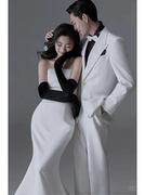 户外婚纱影楼主题无袖法式摄影礼服复古服装韩版鱼尾短裙白色
