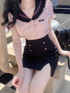 夏纯欲辣妹jk制服套装设计感开叉，性感包臀裙+海军领粉色短袖衬衫