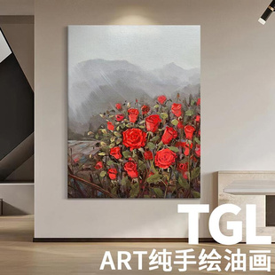 抽象红色玫瑰花客厅装饰画肌理花卉手绘油画卧室玄关挂画大芬油画