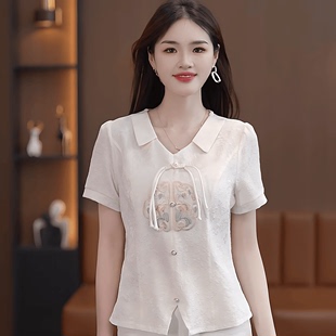 中国风刺绣复古盘扣T恤女2024夏装短袖衬衣雪纺衫小个子