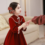 红色女童新年礼服冬季公主裙小花童结婚儿童，高端主持人钢琴演出服