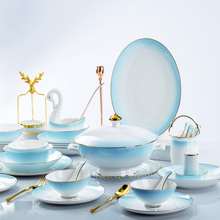 碗碟套装家用高端简约金边碗筷景德镇陶瓷器骨瓷餐具现代轻奢碗盘