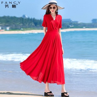红色雪纺高端气质连衣裙女2023夏季拍照长款纱裙度假沙滩长裙