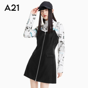 A21女装甜酷吊带裙秋季收腰前拉链显瘦A字黑色连衣裙