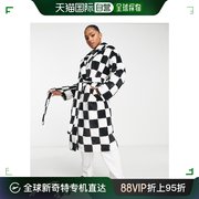 香港直邮潮奢 ASOS 女士设计拼布格纹人造皮草中长黑白睡袍