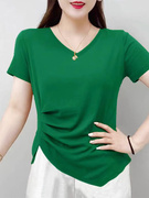 绿色V领短袖t恤女夏季纯棉不规则洋气修身显瘦褶皱体恤上衣
