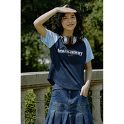 珍妮学生拼接插肩短袖t恤女设计感小众，修身短款打底衫藏蓝色上衣