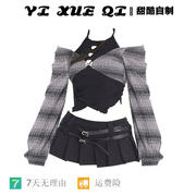 yixq原创假两件上衣，时尚两件套装，秋季2023年辣妹甜酷百褶短裙