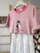 慵懒风条纹小企鹅宽松大版女韩系上衣夏季多巴胺甜美短袖条纹T恤