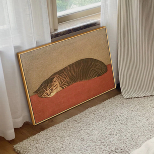港画沙发背景墙装饰画抽象艺术油画摆画日式猫咪挂画客厅卧室壁画
