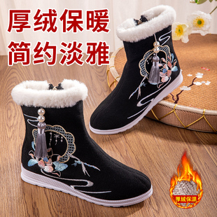 老北京布鞋女士冬季加绒保暖平底短筒休闲流苏刺绣妈妈时尚雪地靴