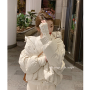 韩版高级感宽松立领短款小个子，加厚面包服白色菱格羽绒棉服外套女