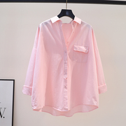 粉红色棉衬衫女单口袋宽松长袖衬衣2023秋季文艺范防晒衫百搭上衣