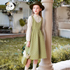女童假两件连衣裙，2023秋装绿色儿童娃娃领公主，裙女孩格纹裙子