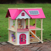 粉色公主娃娃房别墅 木质房子小屋过家家DIY益趣组装木制玩具