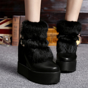 内增高兔毛雪地靴女冬季时尚短筒保暖短靴8厘米厚底坡跟棉鞋