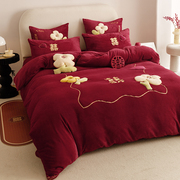 红色结婚四件套牛奶绒喜被新婚庆(新婚庆)床上用品，冬季保暖可爱床单被套