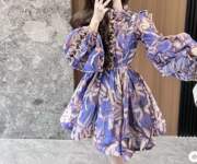 同款蝴蝶结紫色灯笼袖性感印花连衣裙女2023年夏季单件高腰基本款