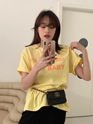 韩版字母印花黄色纯棉短袖t恤女夏季宽松百搭减龄半袖，上衣女ins潮